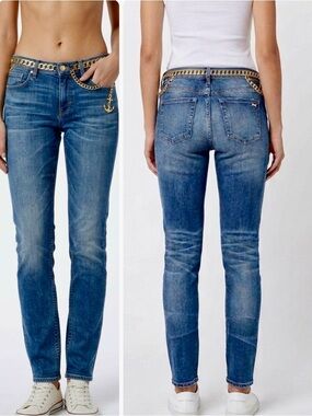 JUICY COUTURE Bleecker Slouchy Skinny Anchors Away Denim Blue Jeans w Gold